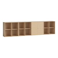 Light wood storage unit with a minimalist design, featuring six open cubbies and two closed compartments.