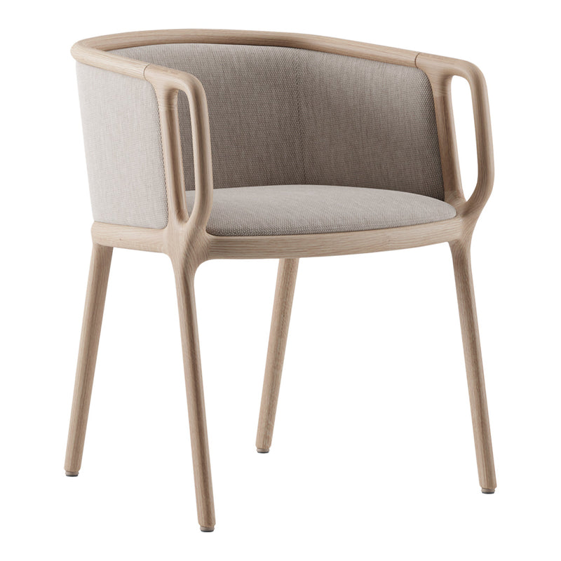 Modern round chair in light beige upholstery with natural wood finish and sleek, curved armrests.