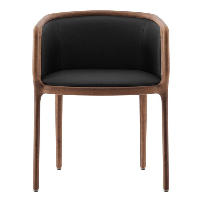Black upholstered chair with natural wood frame, featuring a sleek, modern design and smooth lines.