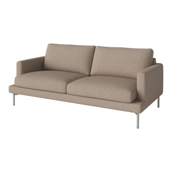 Beige fabric sofa with clean lines and subtle texture, featuring silver metal legs for a modern aesthetic.