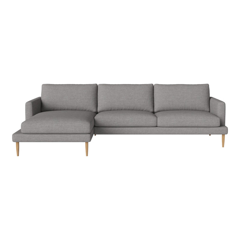 Modern gray sectional sofa with smooth fabric and clean lines, featuring light wood legs for a contemporary look.