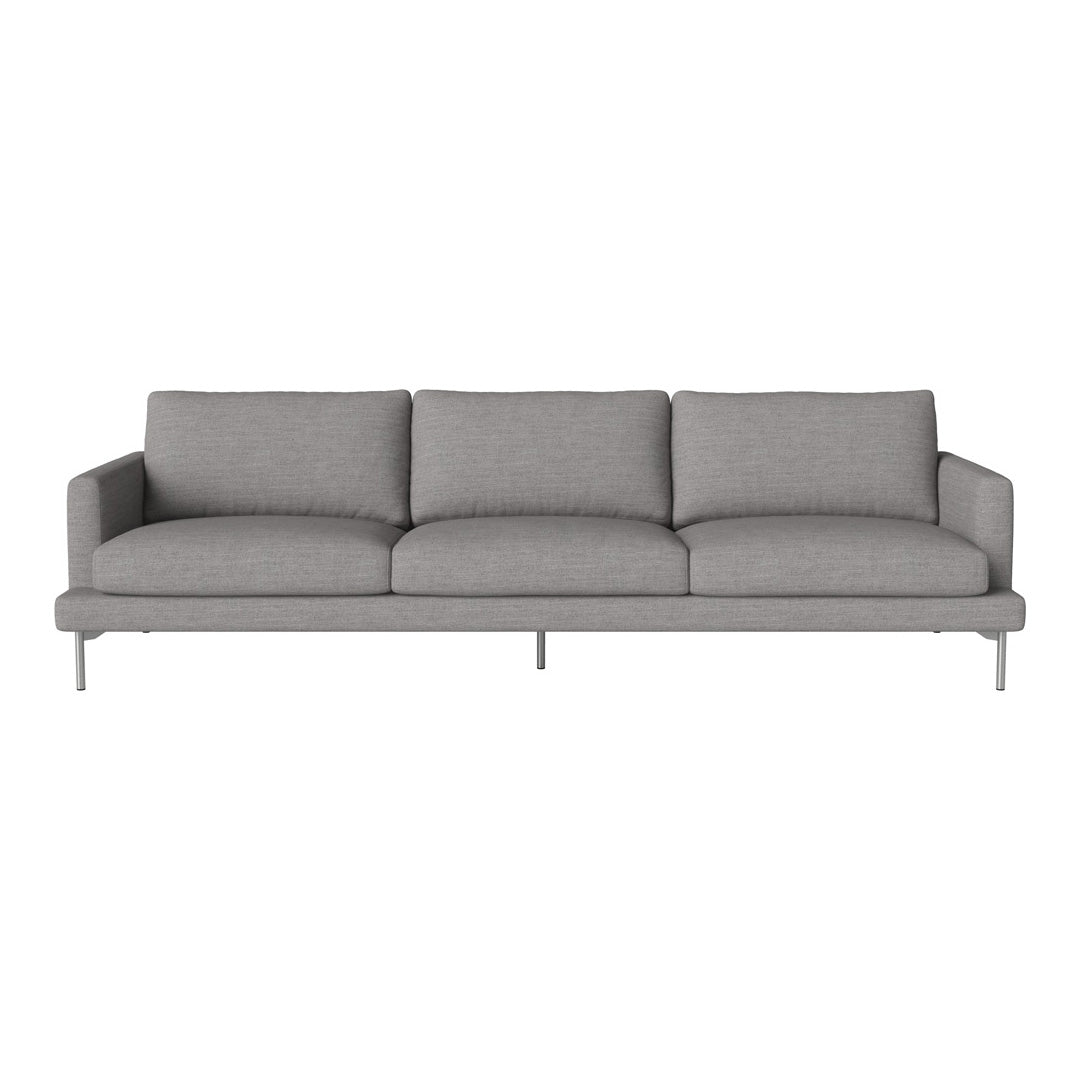 Gray fabric sofa with a modern design, featuring smooth lines and three plush cushions for comfort.