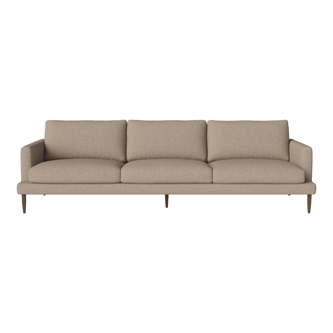 Beige upholstered sofa with clean lines and subtle texture, featuring three spacious cushions and wooden legs.