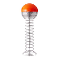 Modern lamp with a bright orange dome and sleek silver wireframe base, combining minimalist design with playful color.