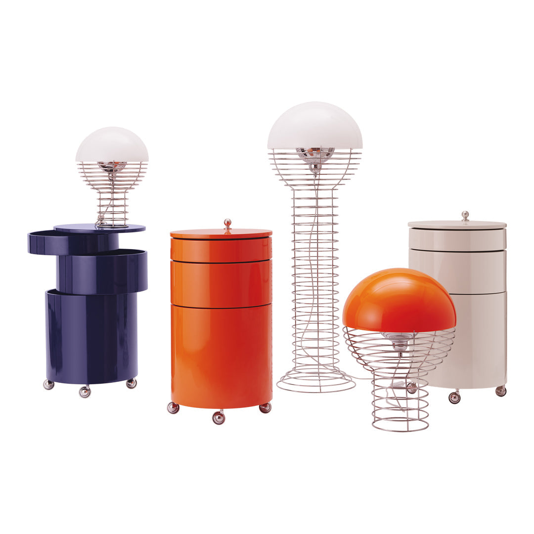 Colorful modern nightstand collection featuring orange, navy, white, and chrome finishes with unique patterns.
