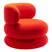 Bright red lounge chair with a rounded, modern design and soft, textured upholstery. Perfect for bold decor.