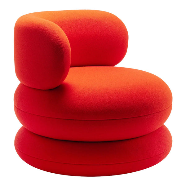 Bright red lounge chair with a rounded, modern design and soft, textured upholstery. Perfect for bold decor.