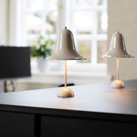 Two elegant beige lamps with a minimalist design and smooth, curved shades on a sleek black table.