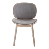 Gray upholstered chair with a subtle checkered pattern and light wood legs. Modern design for any decor.