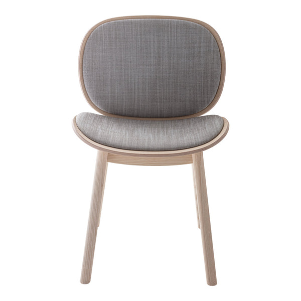 Gray upholstered chair with a subtle checkered pattern and light wood legs. Modern design for any decor.