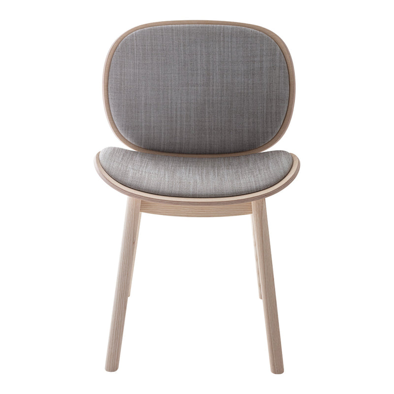 Gray upholstered chair with a subtle checkered pattern and light wood legs. Modern design for any decor.