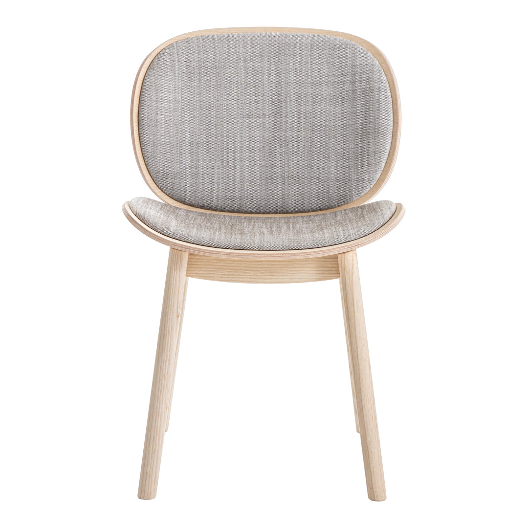 Light gray upholstered chair with a simple, textured pattern and natural wood frame, exuding modern elegance.