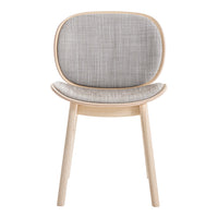 Light gray upholstered chair with a simple, textured pattern and natural wood frame, exuding modern elegance.