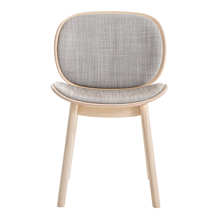 Light gray upholstered chair with a simple, textured pattern and natural wood frame, exuding modern elegance.