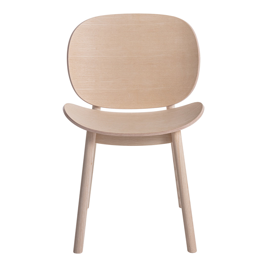 Light wood chair with a smooth, minimalist design and rounded backrest, showcasing natural grain patterns.