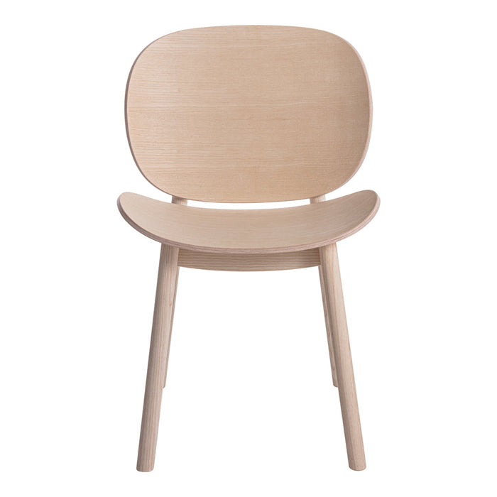 Light wood chair with a smooth, minimalist design and rounded backrest, showcasing natural grain patterns.