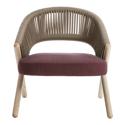Beige woven pattern chair with a deep burgundy seat cushion and light wood legs, perfect for modern decor.