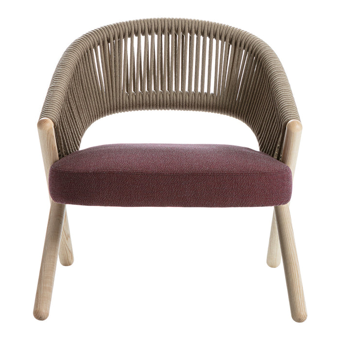 Beige woven pattern chair with a deep burgundy seat cushion and light wood legs, perfect for modern decor.