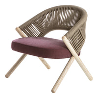 Stylish chair featuring a taupe woven back and deep burgundy upholstery with light wooden legs. Ideal for modern decor.