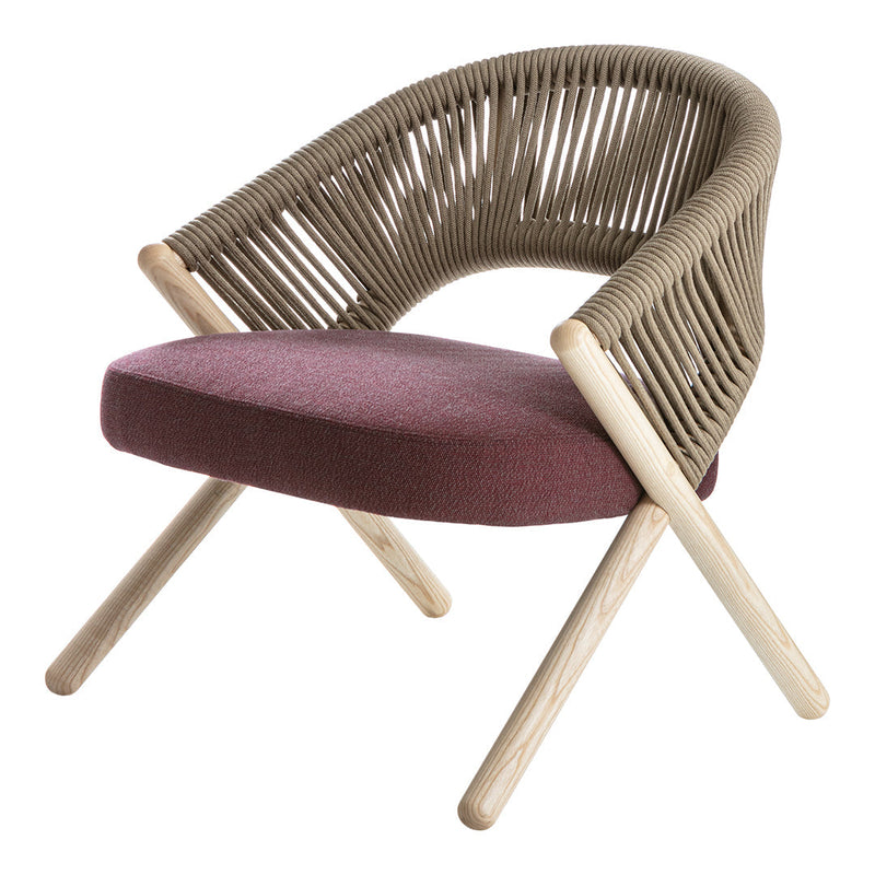 Stylish chair featuring a taupe woven back and deep burgundy upholstery with light wooden legs. Ideal for modern decor.