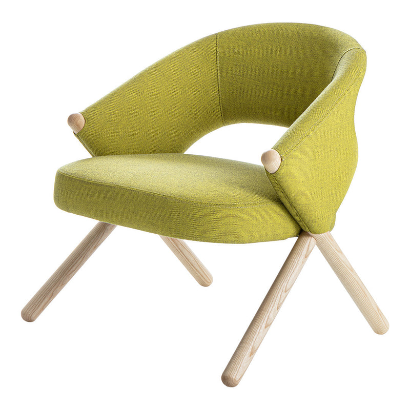 Lime green upholstered chair with wooden legs and a modern curved design, perfect for contemporary decor.