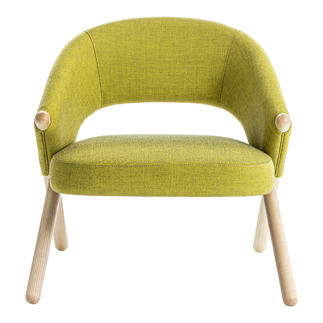 Lime green upholstered chair with a round back and wooden legs, featuring a modern, textured pattern.