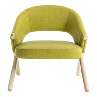 Lime green upholstered chair with a round back and wooden legs, featuring a modern, textured pattern.