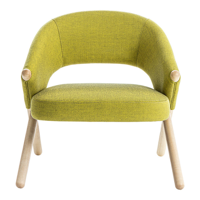 Lime green upholstered chair with a round back and wooden legs, featuring a modern, textured pattern.