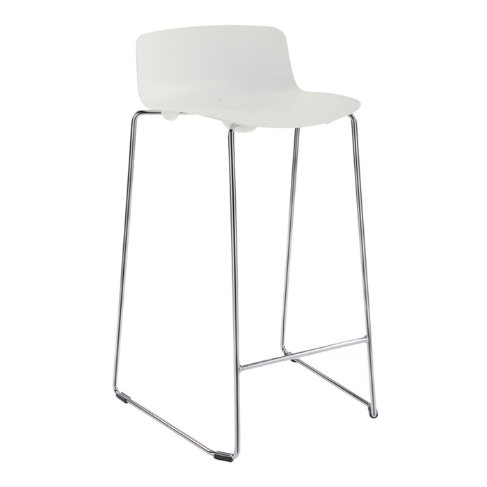 White bar stool with a sleek chrome frame, featuring a minimalist design and smooth, solid color finish.