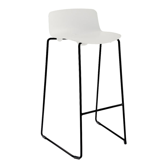 Stylish white bar stool with a minimalist design and sleek black metal frame. Perfect for modern decor.