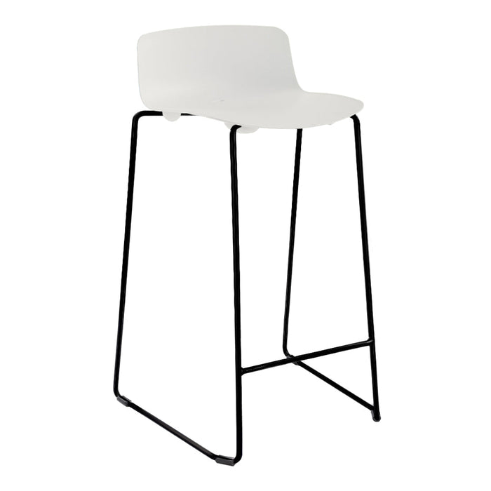 White bar stool with a sleek design and black metal frame, perfect for modern interiors.