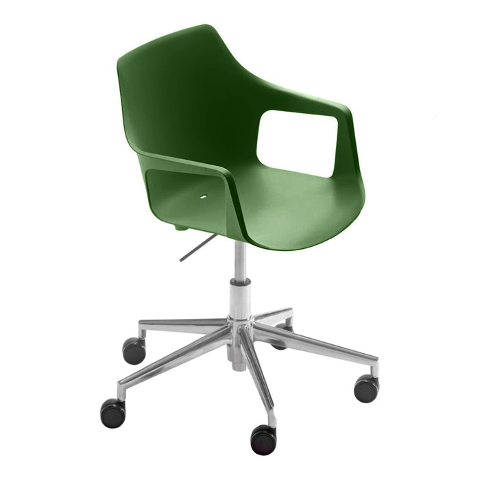 Green ergonomic office chair with a sleek design and reflective silver base, featuring a modern minimalist style.