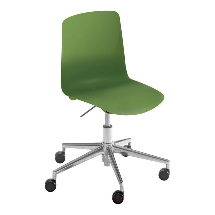 Green ergonomic office chair with a sleek, modern design, featuring a smooth finish and rolling casters.