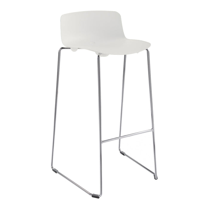 White bar stool with a modern design and sleek chrome legs, showcasing a minimalist aesthetic.