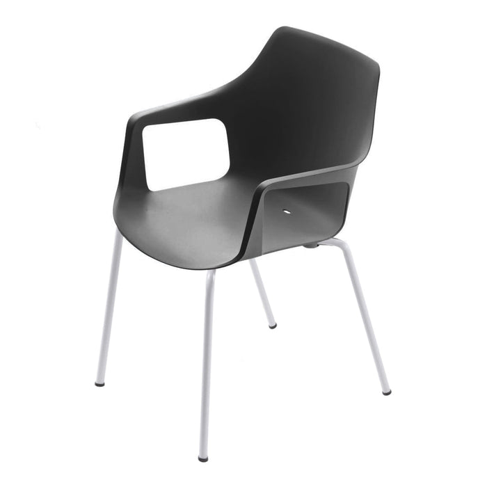Modern black chair with smooth, curved lines and sleek silver legs, perfect for contemporary decor.