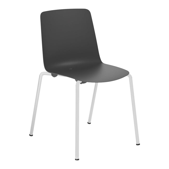Modern black chair with a sleek matte finish, featuring a minimalist design and white tubular metal legs.