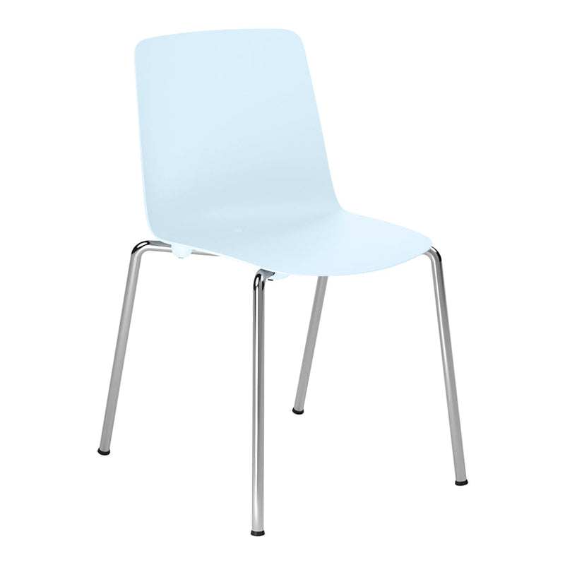 Light blue chair with a smooth finish and sleek chrome legs, perfect for modern interiors.
