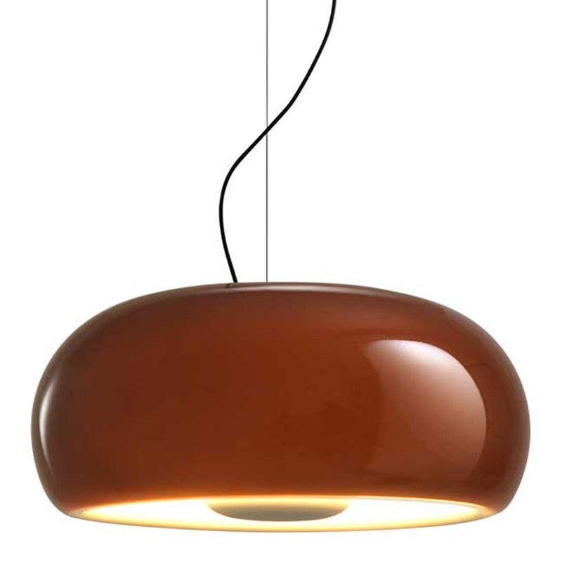Glossy brown pendant lamp with a sleek, modern design and a soft white glow, suspended with a black cord.