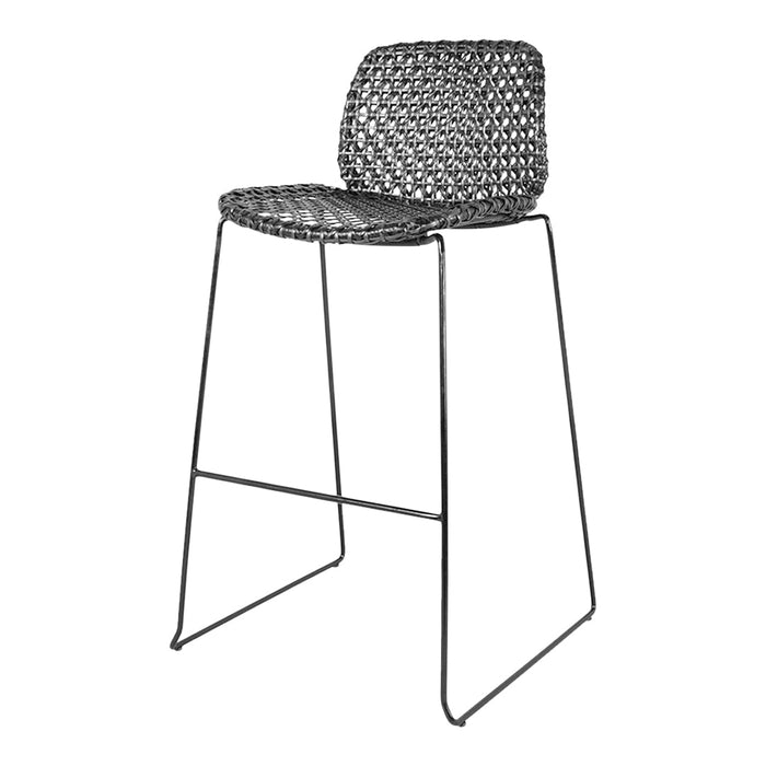 Black and woven pattern bar stool with a sleek metal frame. Ideal for modern and stylish interiors.