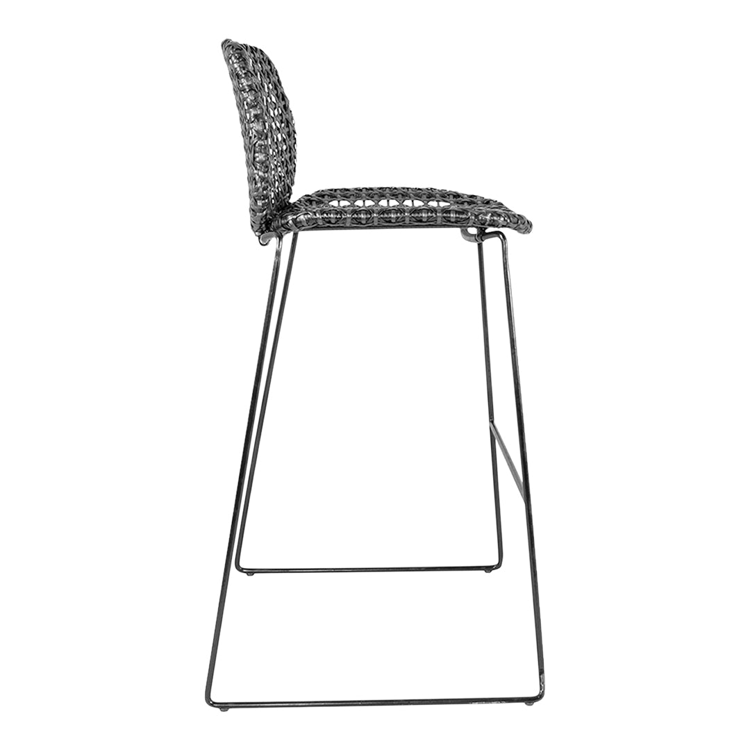 Stylish black wire bar stool with a woven pattern, featuring a contemporary design for modern decor.