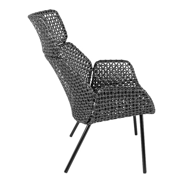 Black woven chair with intricate, textured pattern and sleek black metal legs, perfect for modern decor.