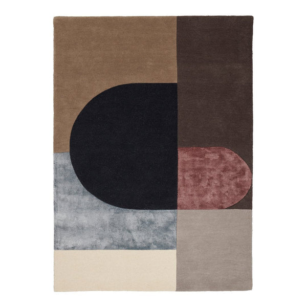 Multicolor area rug featuring geometric shapes in brown, black, pink, gray, and beige tones. Modern design elements.