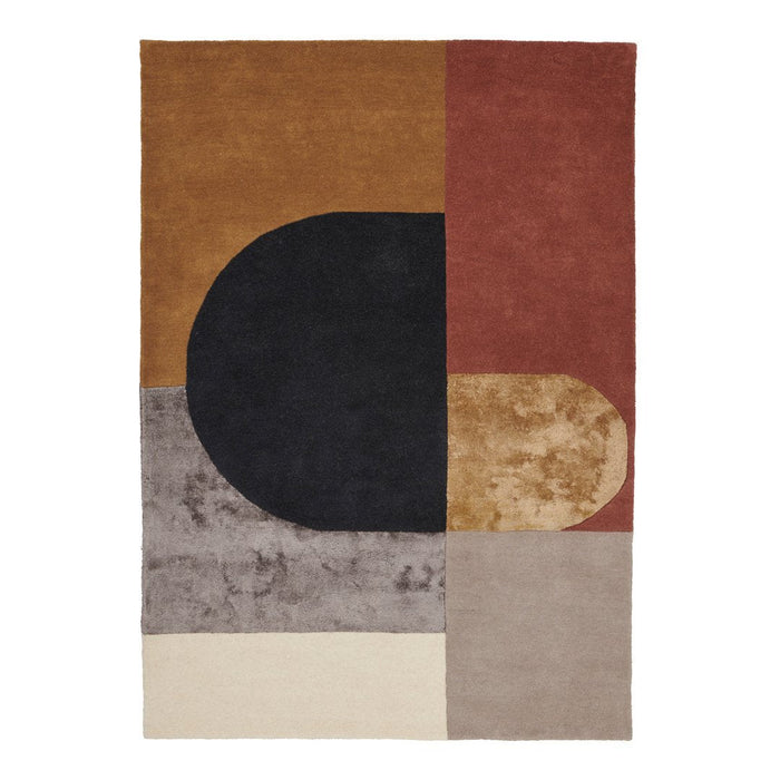 Modern geometric rug featuring warm brown, deep black, muted gray, and rich red tones with abstract shapes.