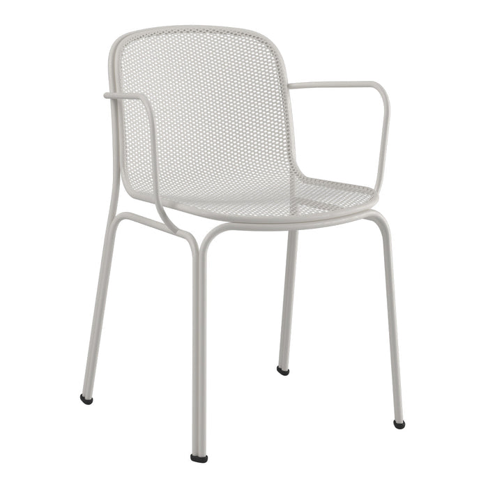 White mesh patio chair with a modern design and sleek metallic frame, perfect for outdoor spaces.