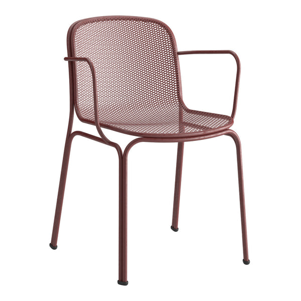 Rust-colored metal chair with a sleek perforated design and simple armrests, perfect for indoor or outdoor use.