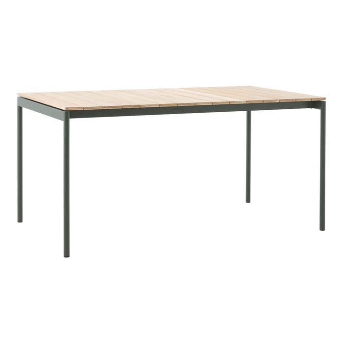 "Modern rectangular table with a warm wood top and sleek black metal legs, showcasing a minimalist design."