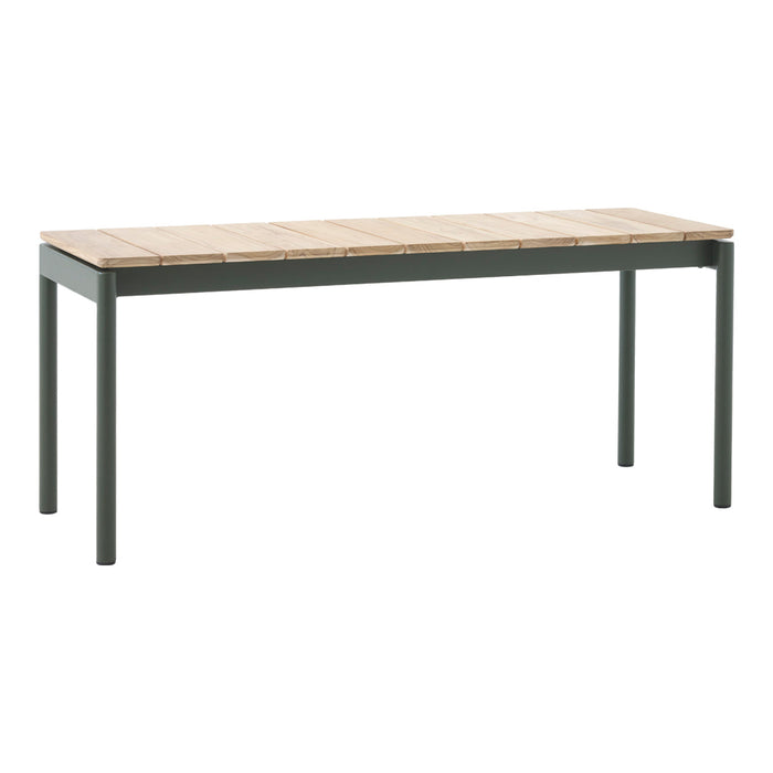 Rectangular outdoor table featuring a natural wood top with a sleek green metal frame. Ideal for modern patios.
