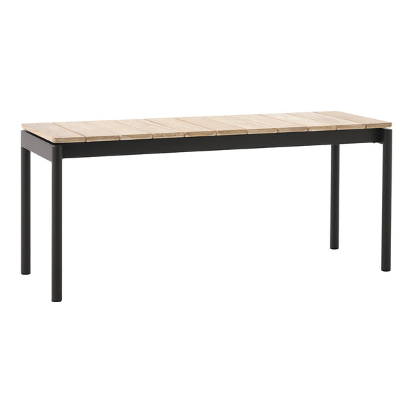 Black metal dining table with a natural wood patterned top. Sleek and modern design for versatile decor.