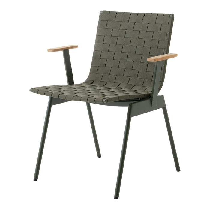 Green woven chair with wooden armrests and sleek metal legs, featuring a stylish and modern design.