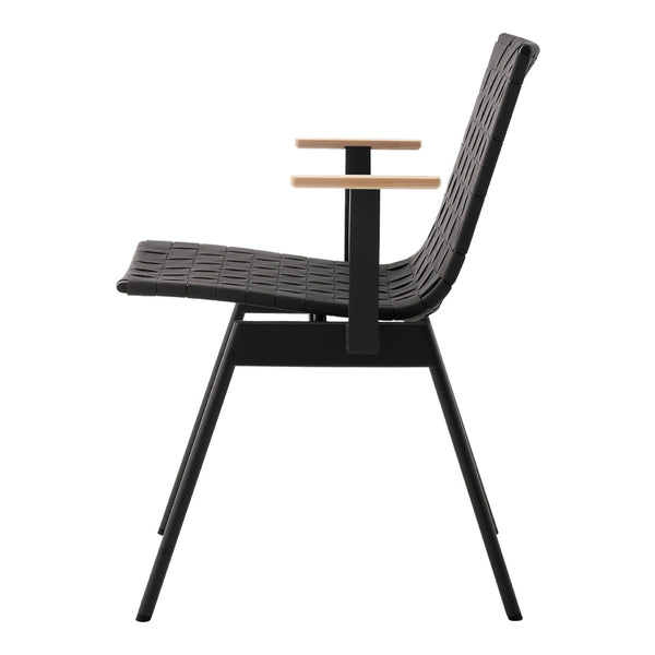 Side view of a modern black chair with woven pattern and wooden armrests, featuring a sleek minimalist design.